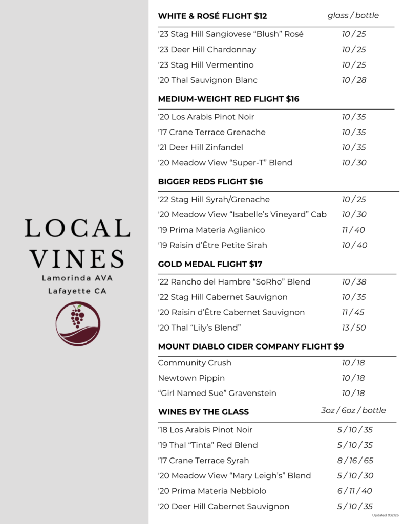 Local Vines wine menu and is subject to change